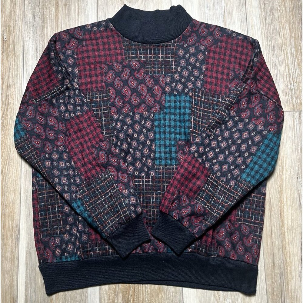 Vintage Season Ticket Mock Neck Geometric Knit Sweater - Women Size Large